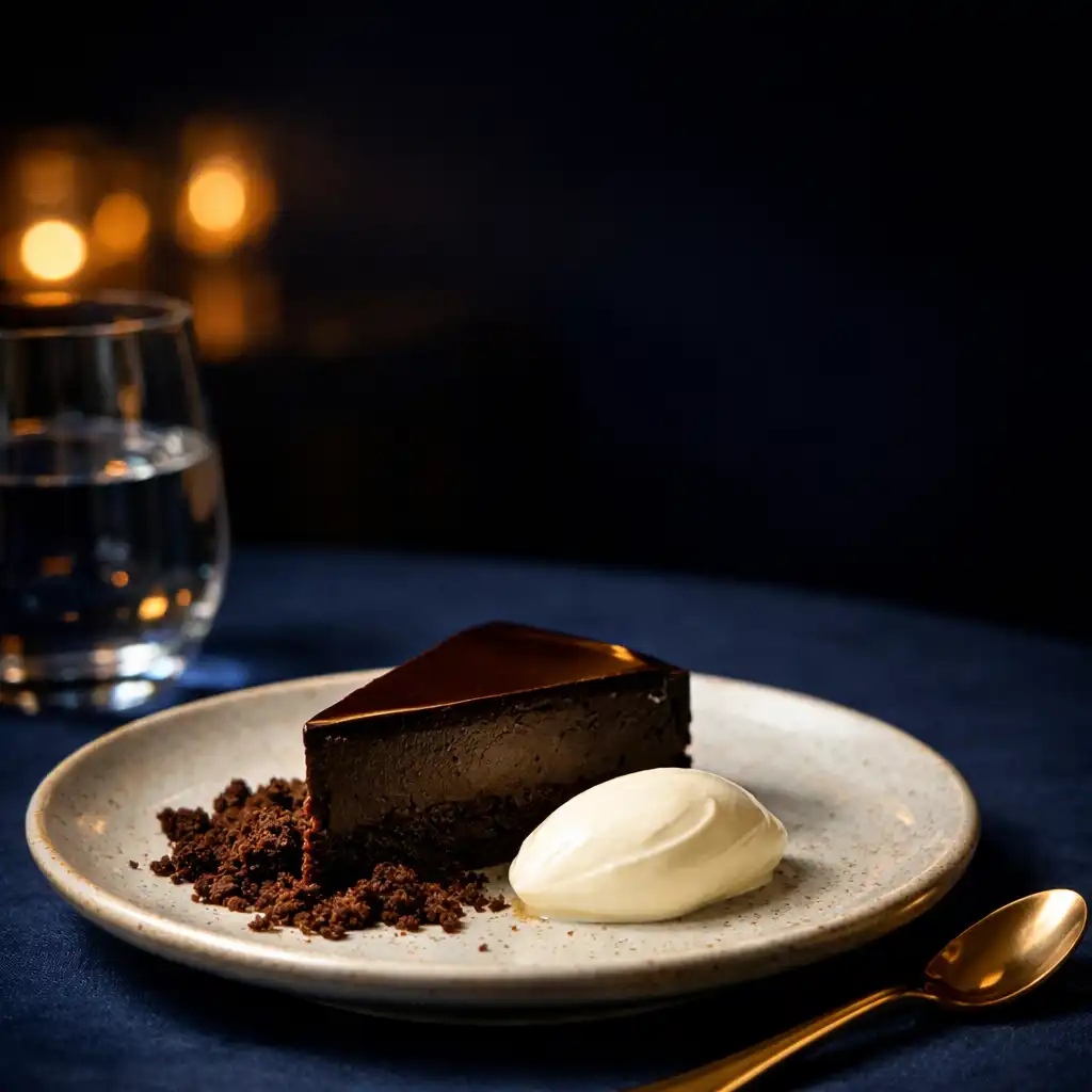 Dark chocolate torte with cocoa crumb and crème fraîche in an evening dining setting
