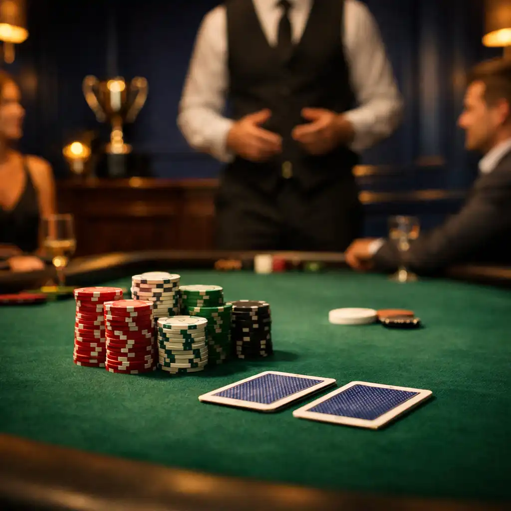 Professional emerald-felt poker table with tournament chips in the offline card room
