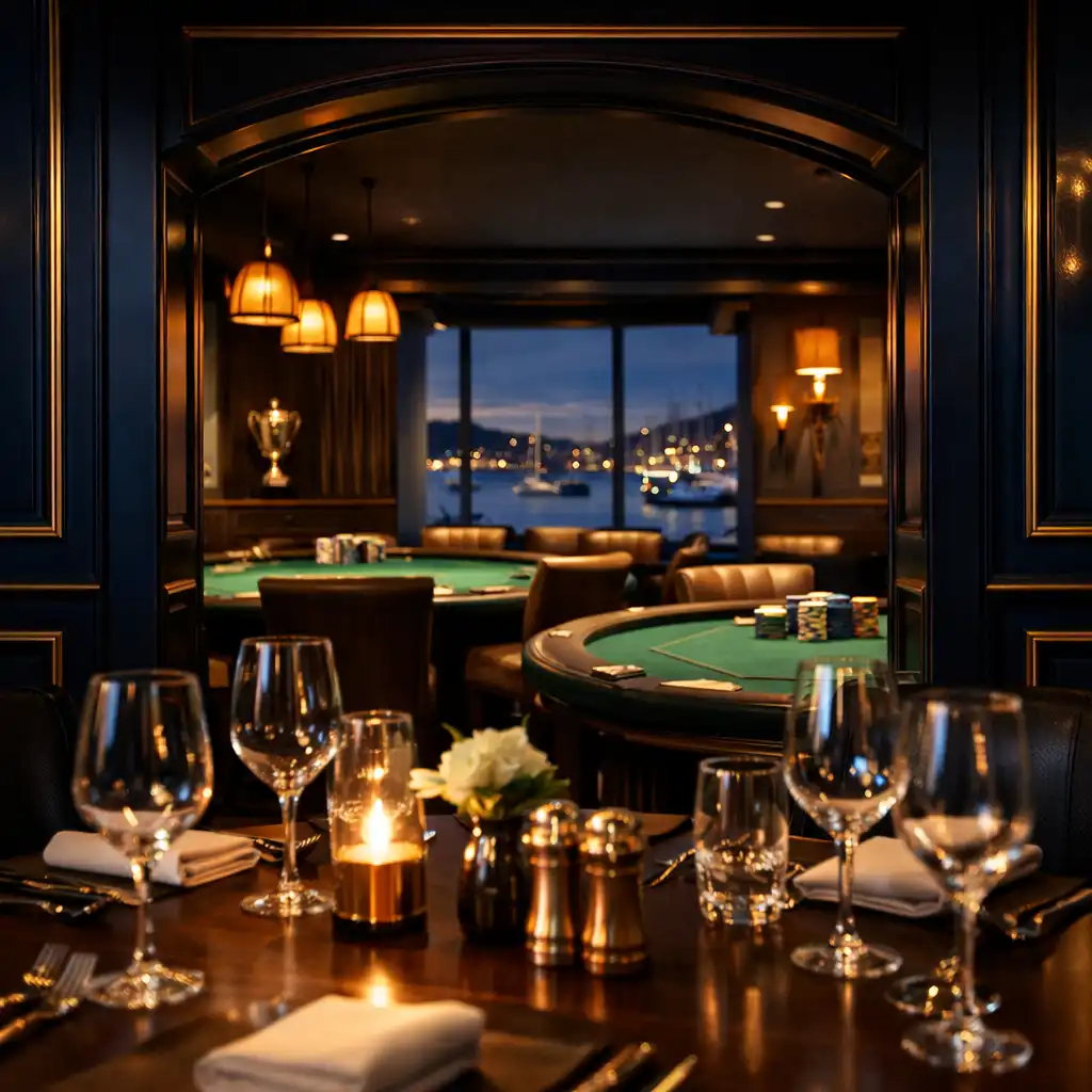 Elegant dining table leading toward the adjacent offline poker lounge