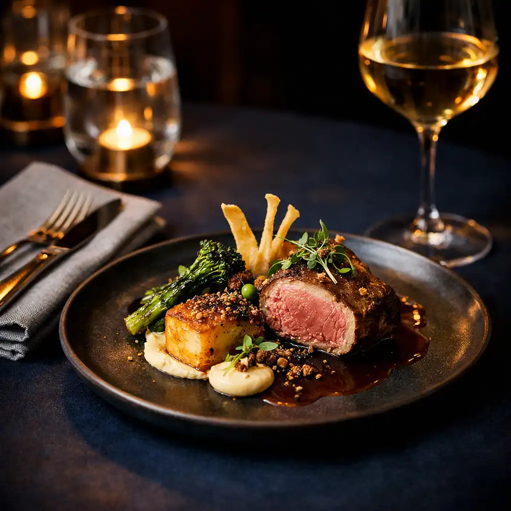 Artfully plated gourmet dish with polished glassware in the dining room