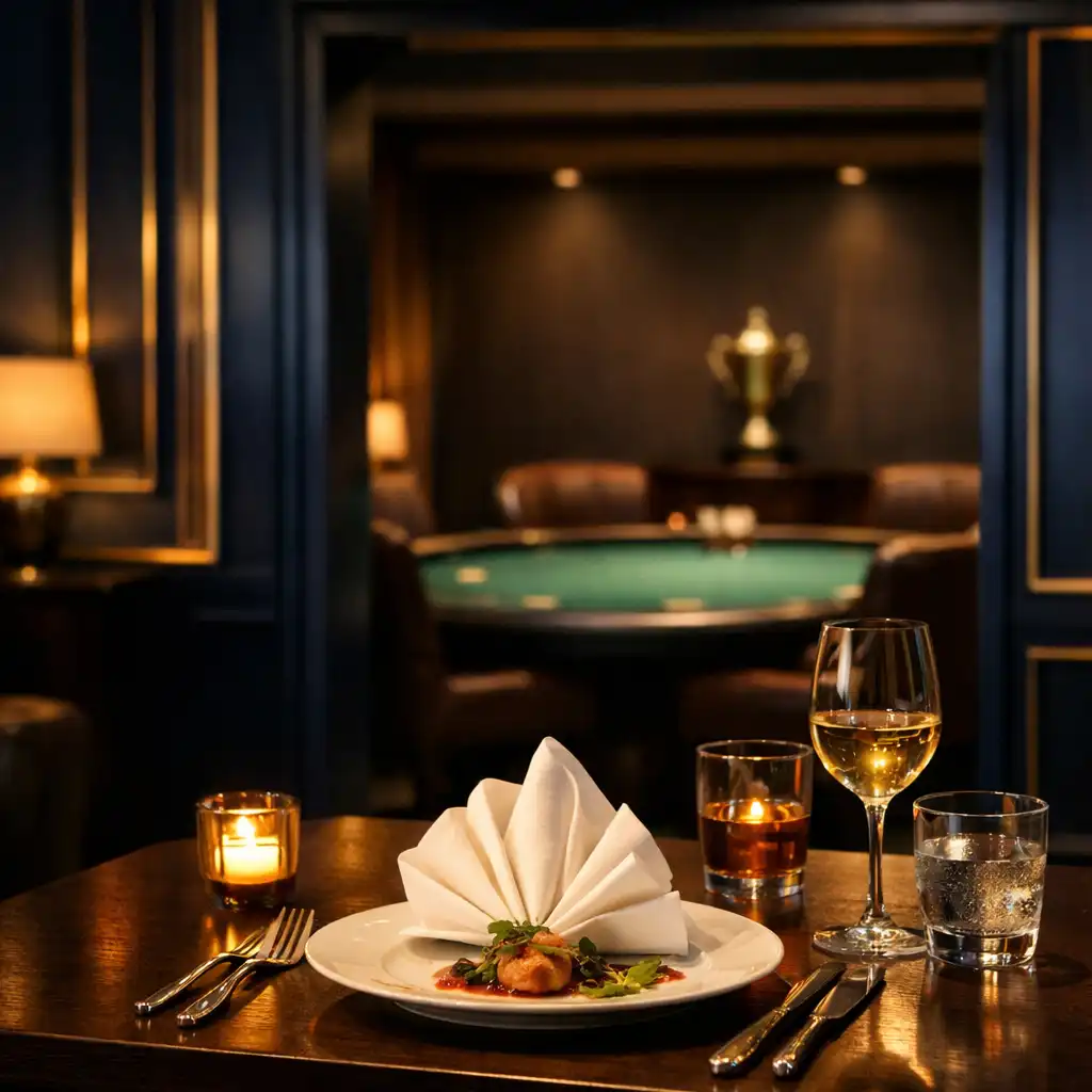 Set dining table with a discreet adjacent emerald-felt offline card room in the background