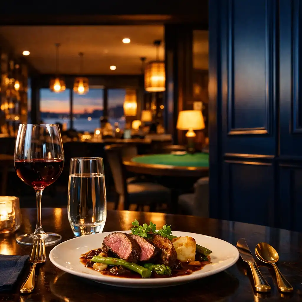 Refined evening dining table with plated food and warm restaurant light at Jugarbien AR Lounge