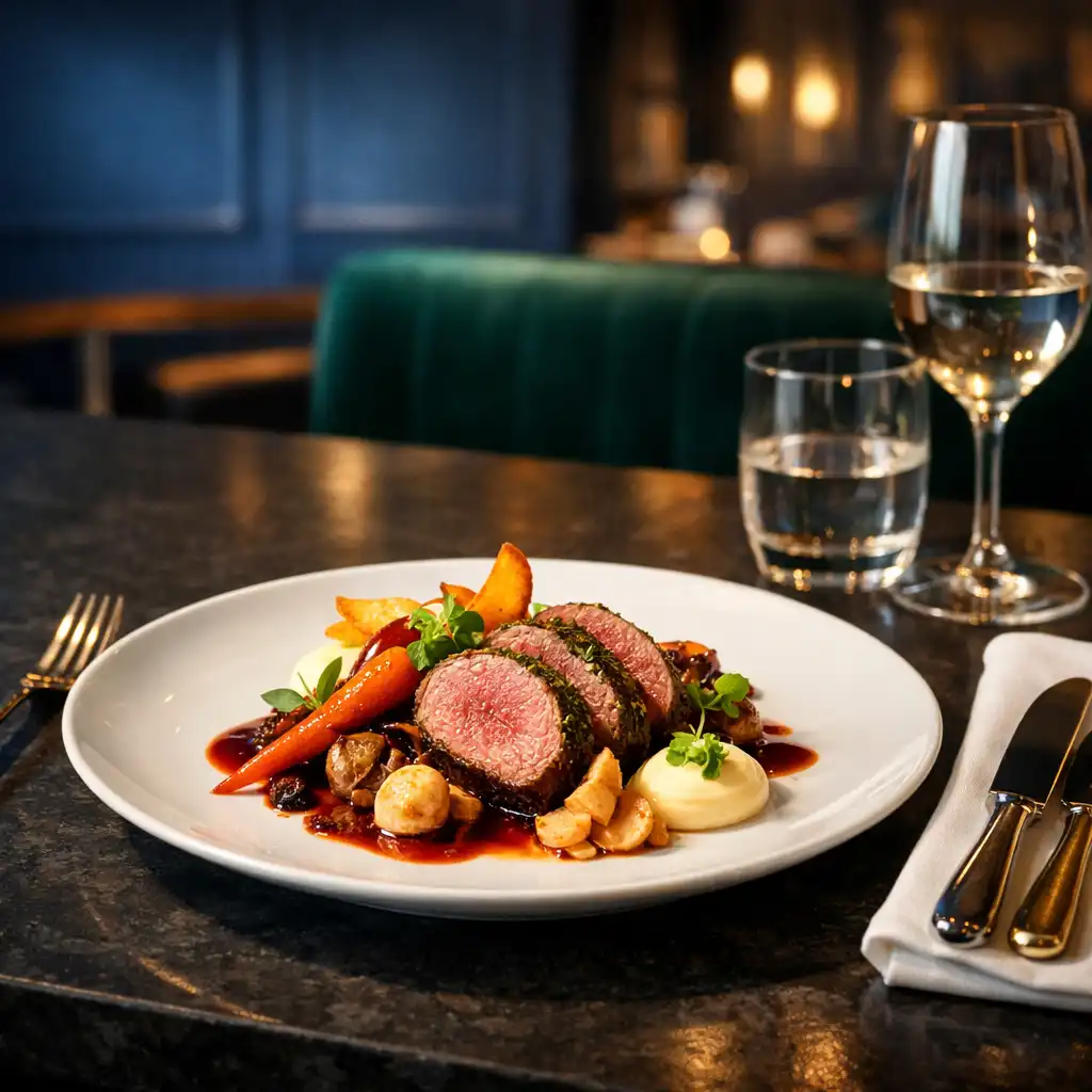 Gourmet plated course in a refined dining room