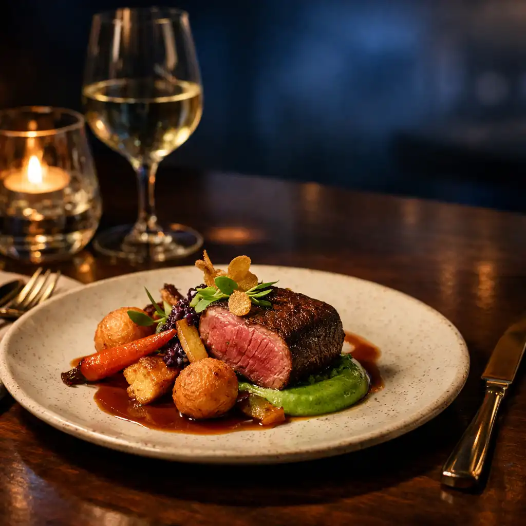 Artfully plated gourmet dinner with glassware on a polished restaurant table