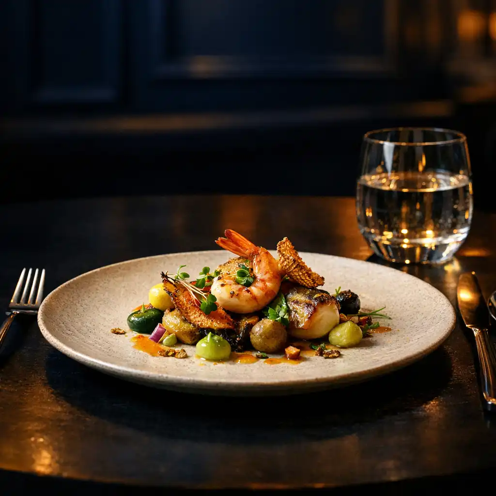Fine dining plate and glassware in a dark sapphire restaurant setting