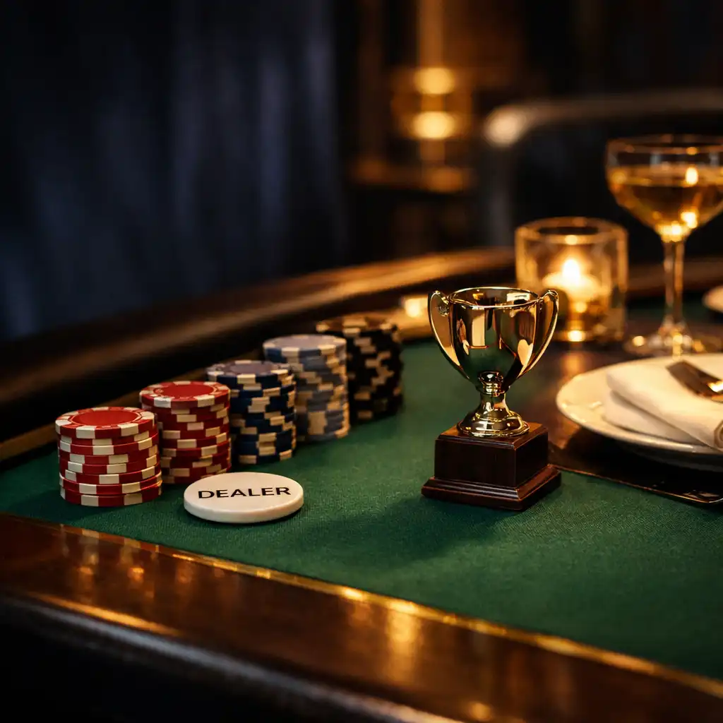 Emerald-felt table corner with tournament chips and a polished trophy detail