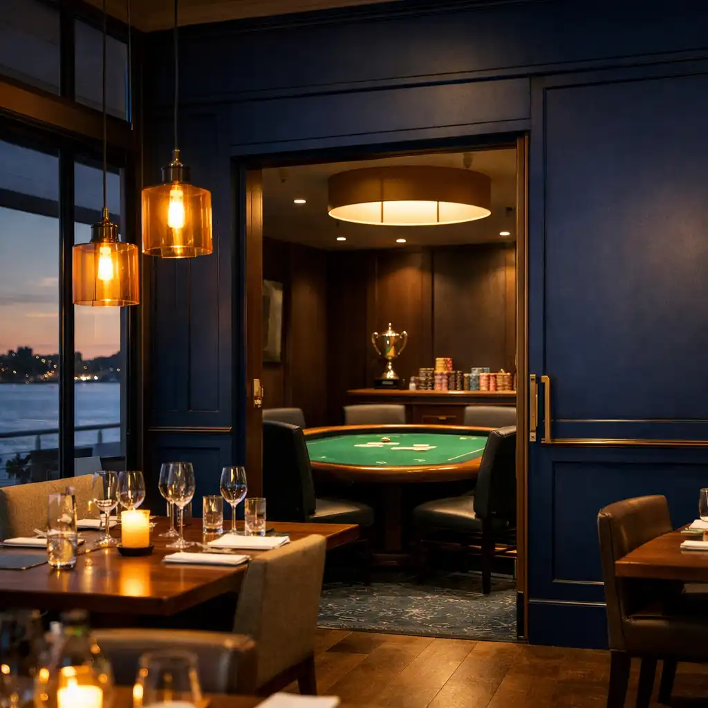 Refined dining room opening toward an emerald-felt offline poker lounge