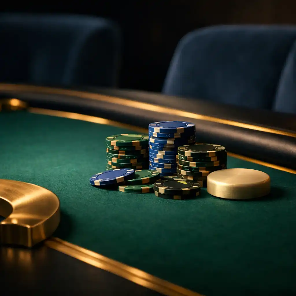 Tournament chips arranged on rich emerald felt at a professional poker table