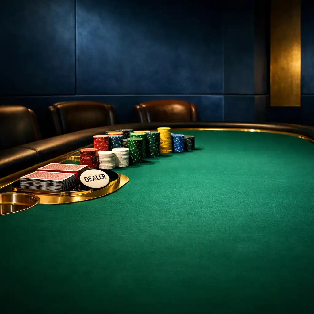 Prepared professional poker table with emerald felt and tournament chips