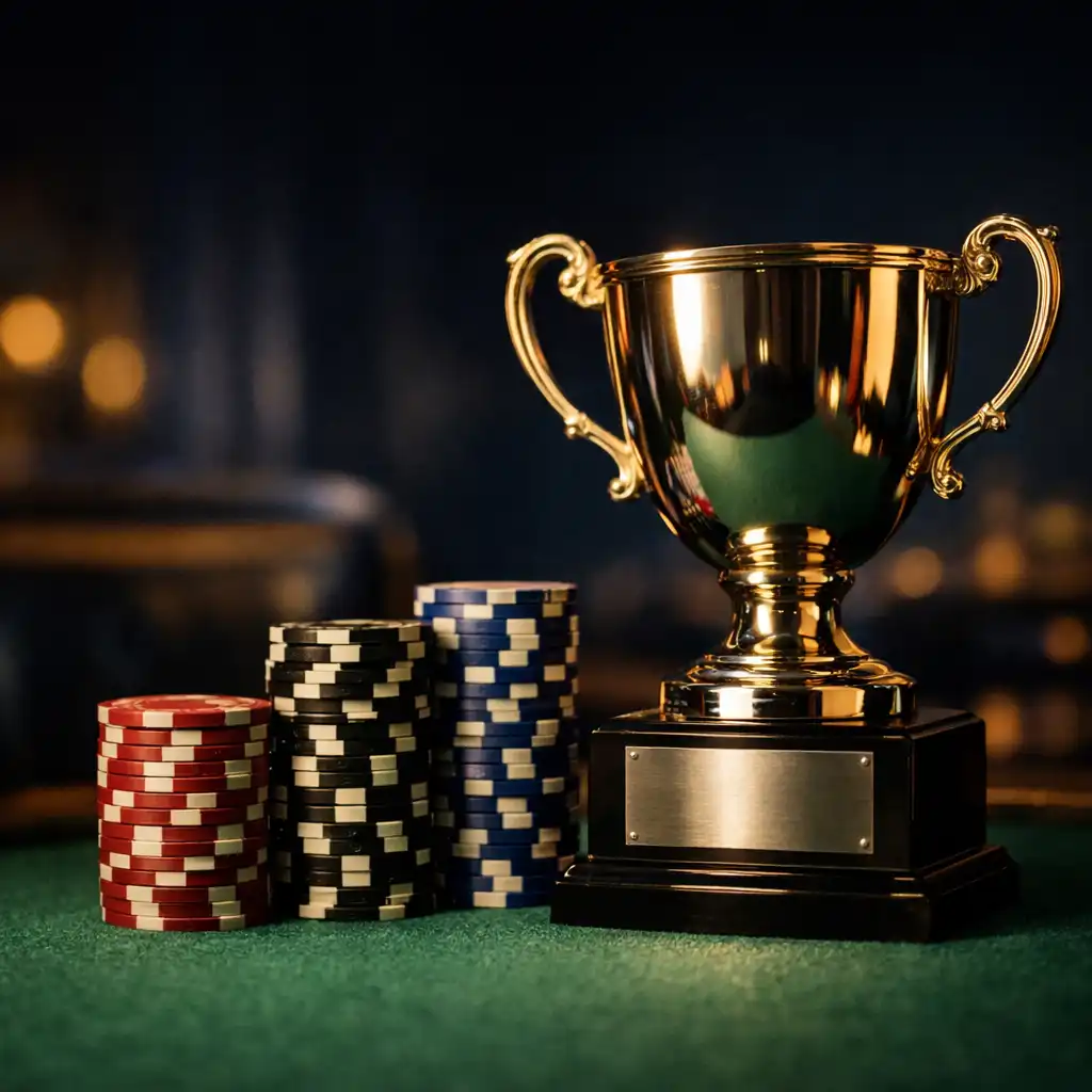 Tournament trophy and stacked chips on emerald felt