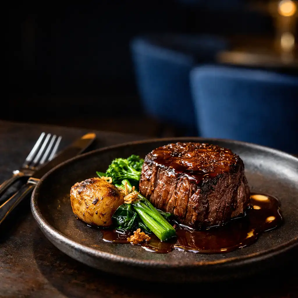 Grass-fed beef fillet plated with smoked potato, greens, and jus