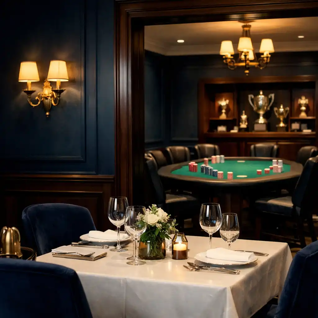 Dining room opening toward an emerald-felt Texas Hold’em lounge