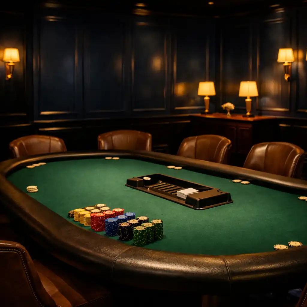 Professional emerald-felt poker table in a refined offline card room