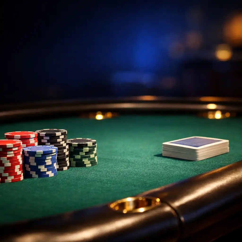 Close detail of emerald felt, tournament chips and a professional poker table