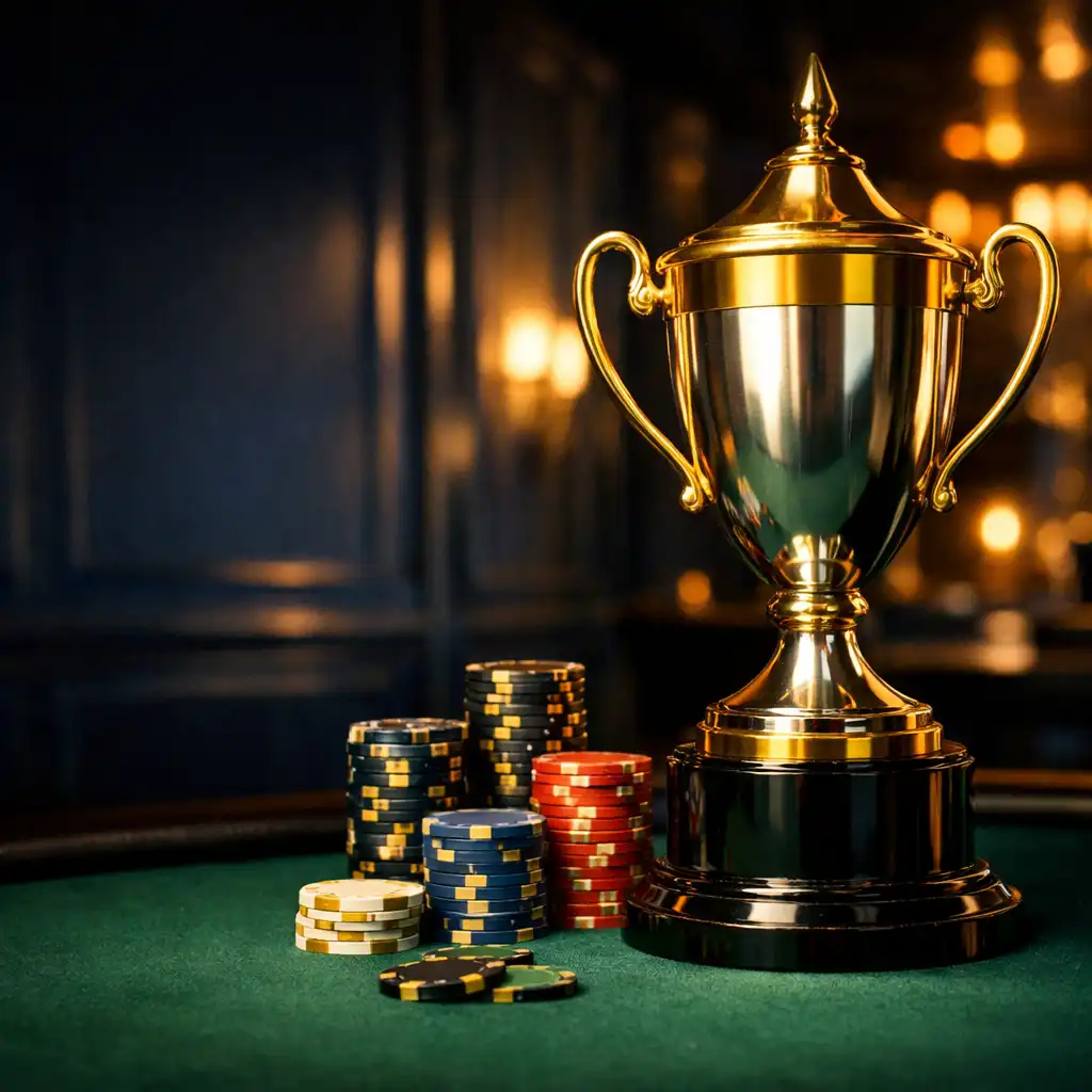 Tournament trophy and neatly stacked chips on emerald felt