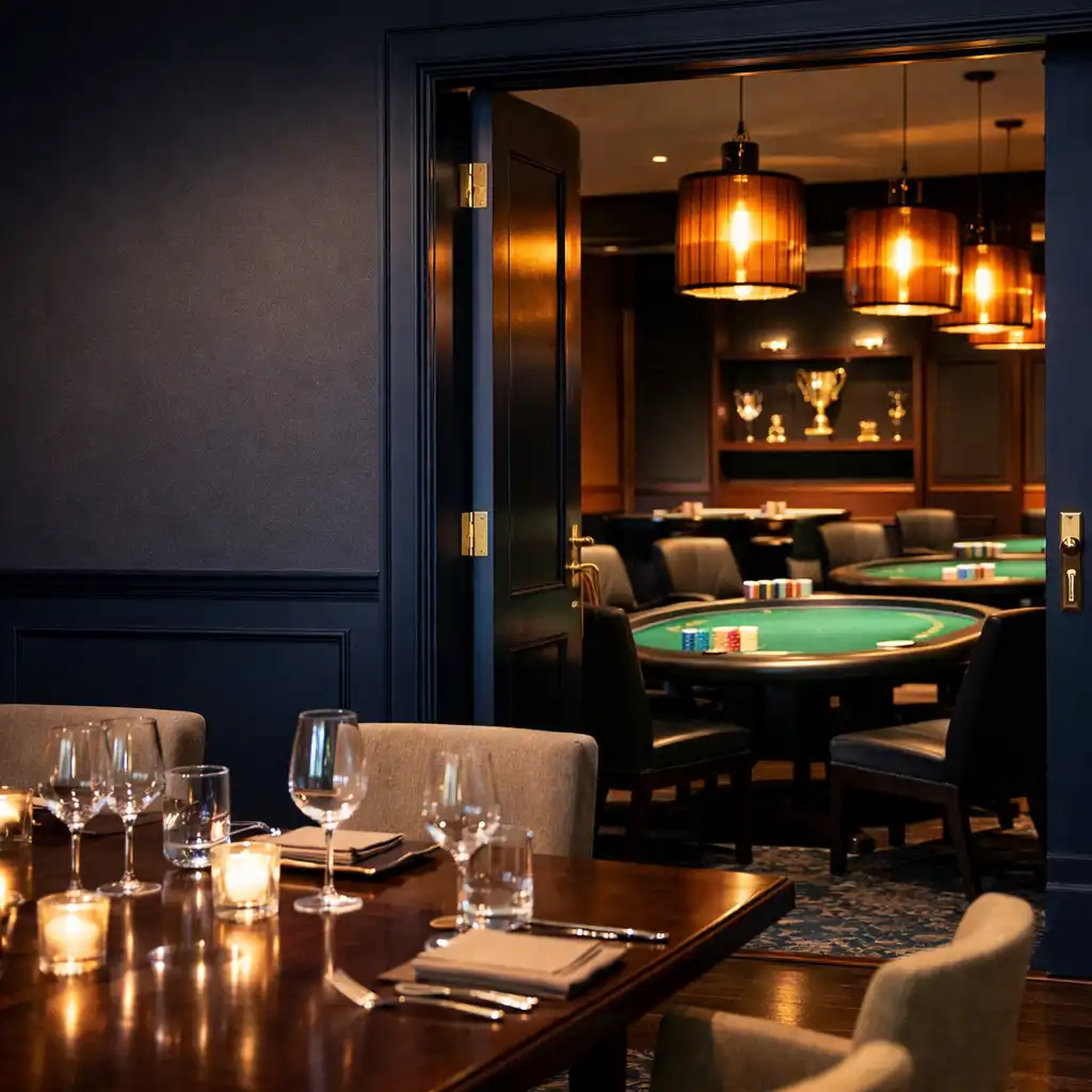 Dining room opening toward an emerald-felt offline poker lounge